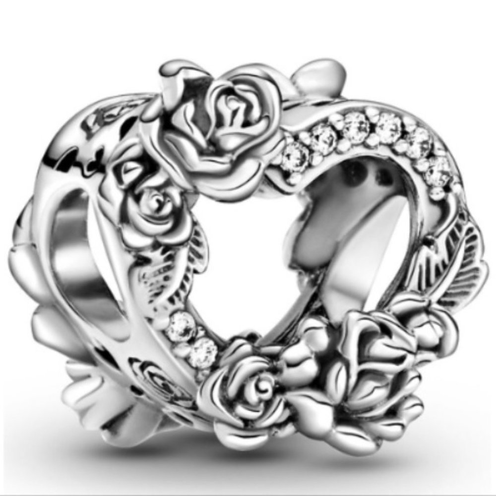 New Pandora Open Heart and Rose Flower Charm /w pouch
